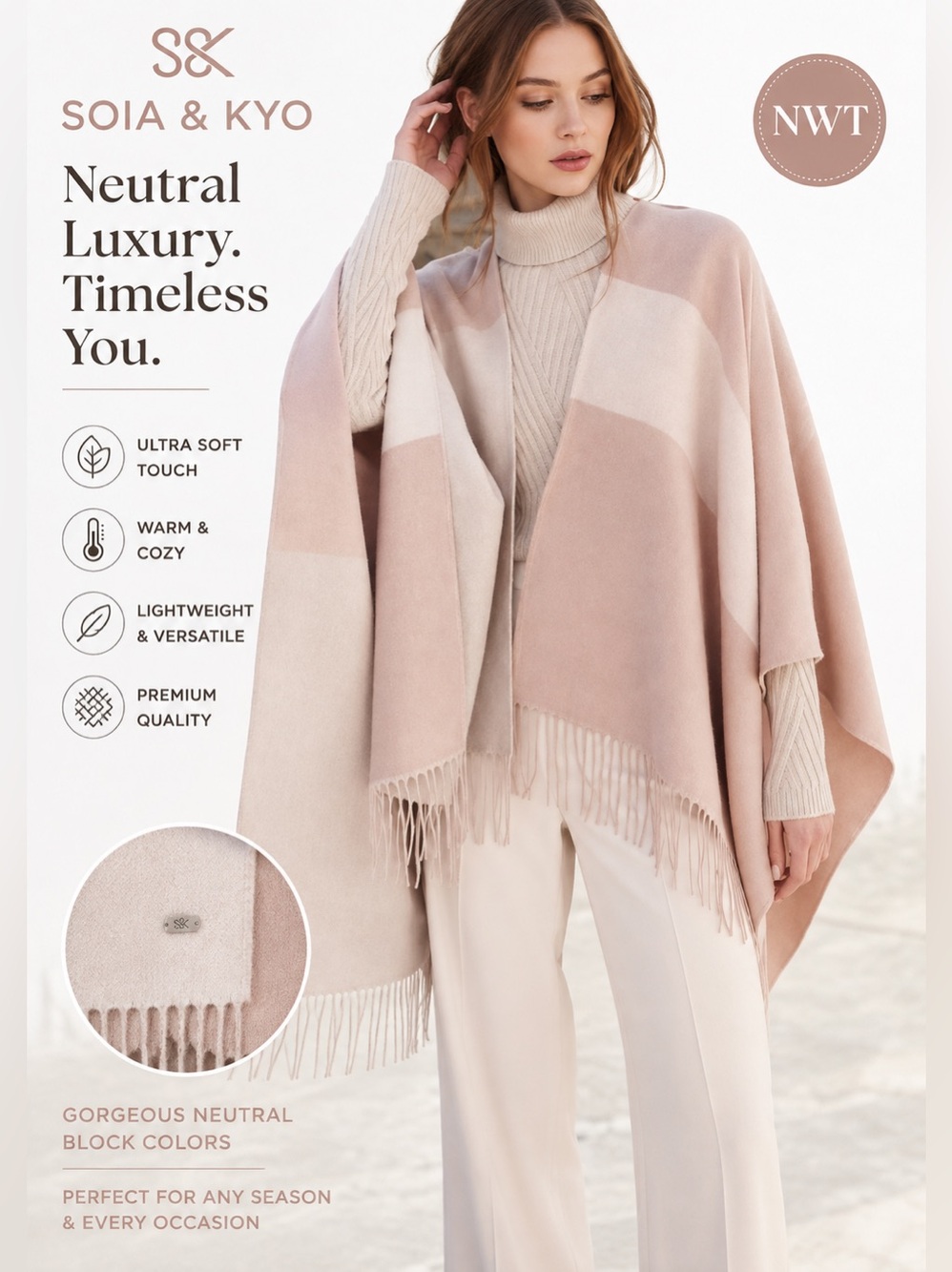 SOIA & KYO Colorblock Woven Scarfigan Wrap Shawl Fringe Blush Neutral NWT